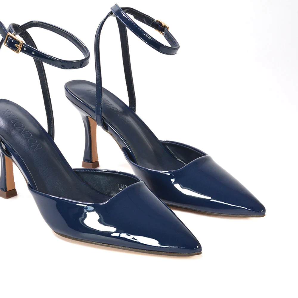Tori  Point Toe High Heel Stiletto Court Shoes With Ankle Strap in Nude Patent - Image 8