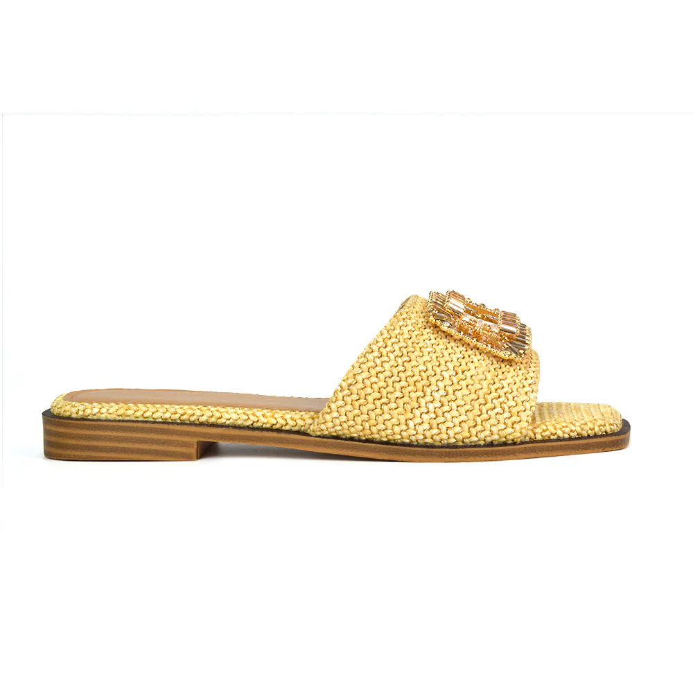 Trina Flat Square Toe Diamante Buckle Woven Slide Sandals in Black - Image 10