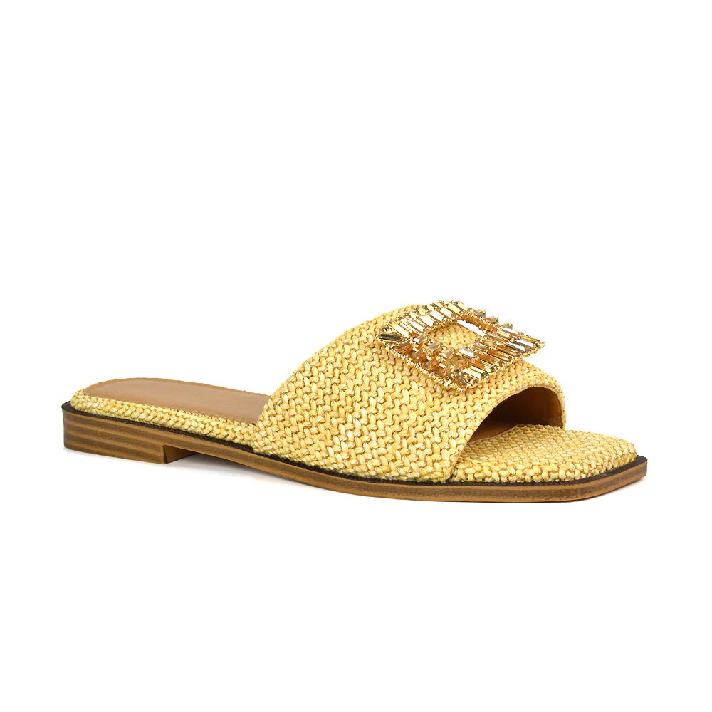 Trina Flat Square Toe Diamante Buckle Woven Slide Sandals in Black - Image 8