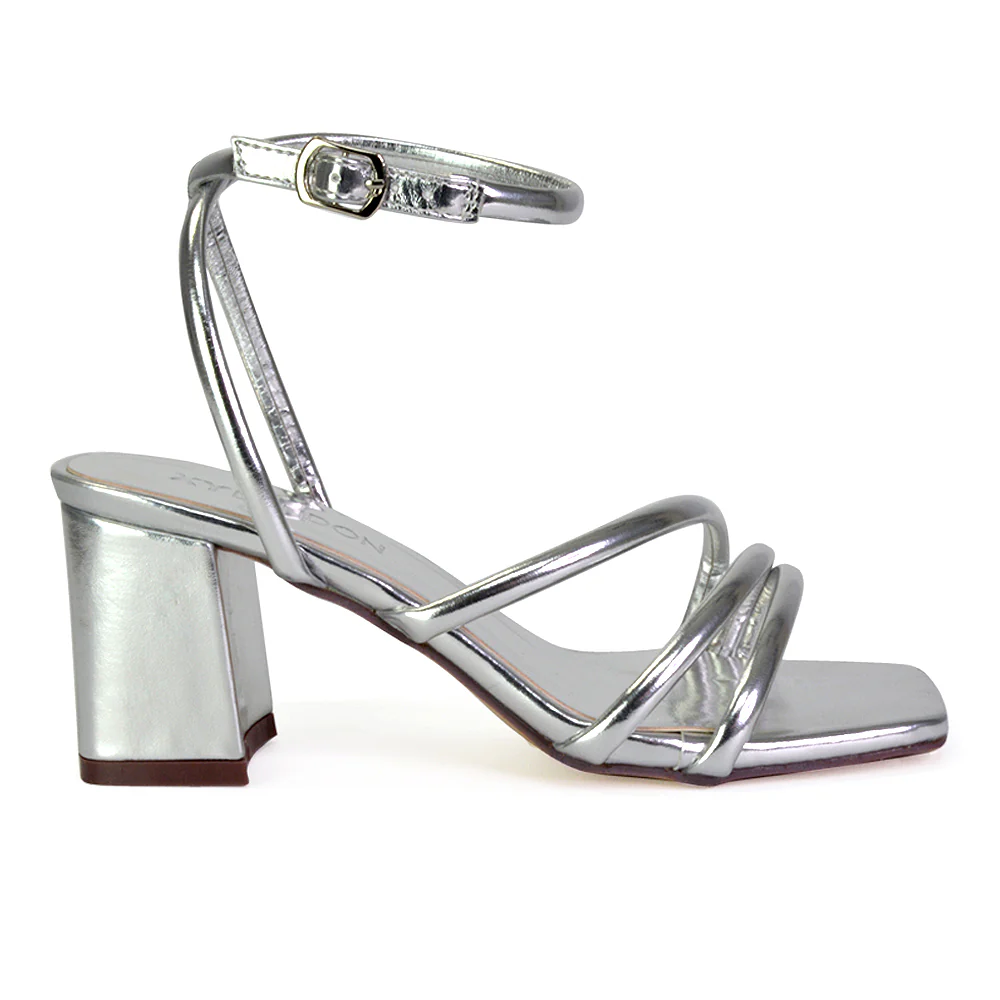 Trixie Square Toe Buckle Up Ankle Strappy Mid Block Heel Sandals in Black - Image 103