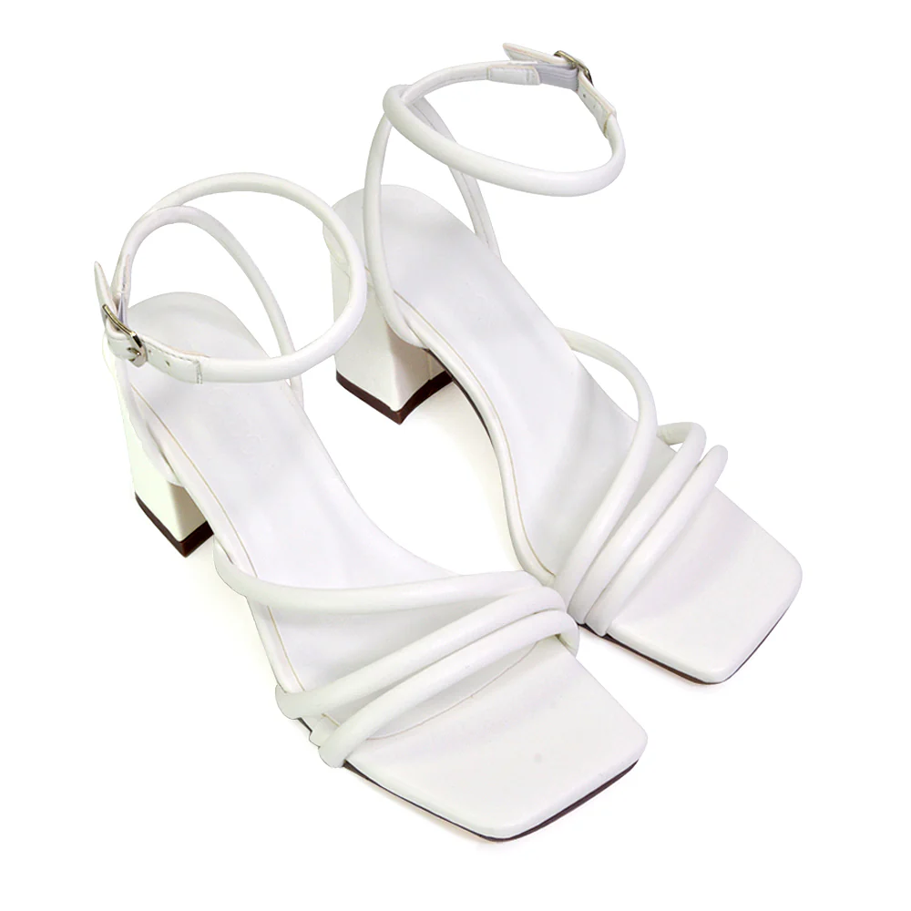 Trixie Square Toe Buckle Up Ankle Strappy Mid Block Heel Sandals in Black - Image 14