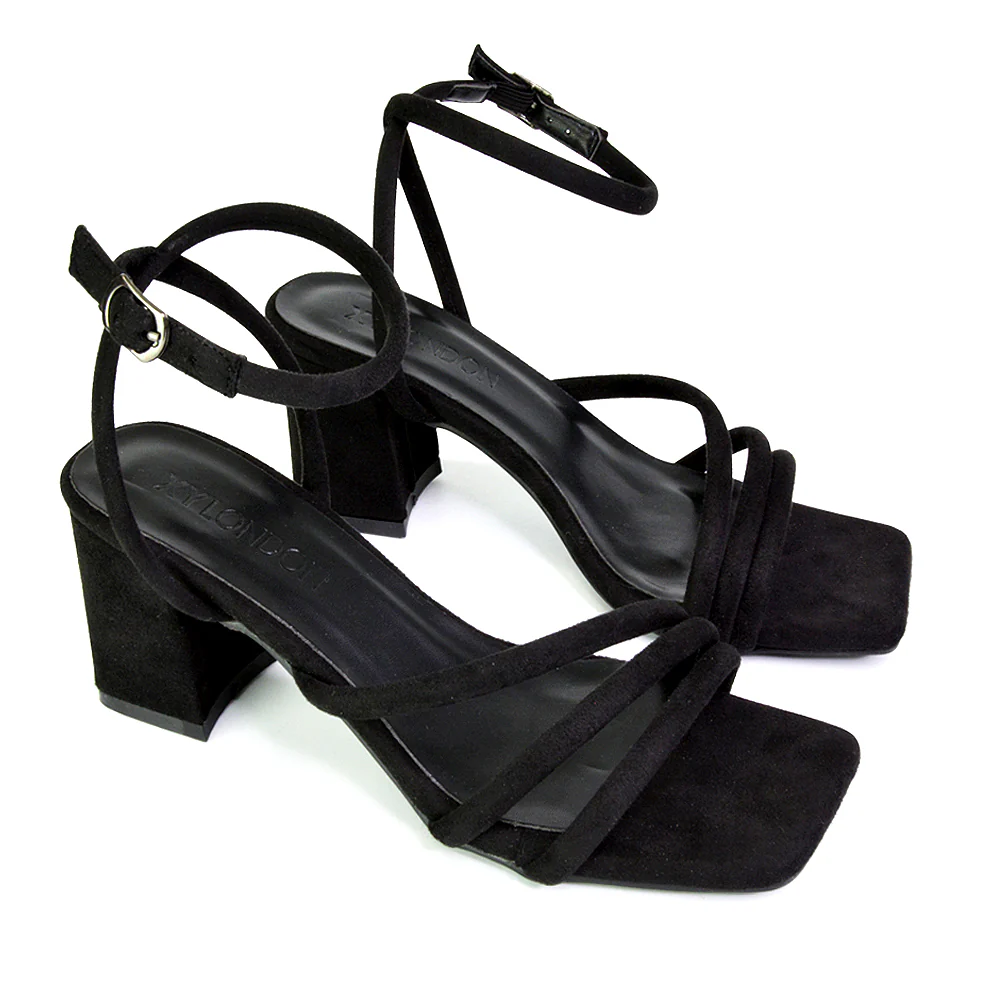 Trixie Square Toe Buckle Up Ankle Strappy Mid Block Heel Sandals in Black - Image 141