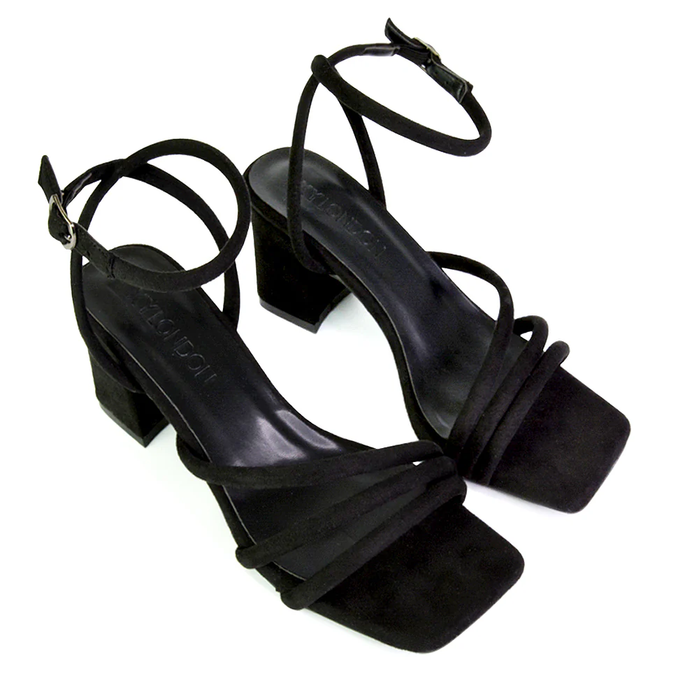 Trixie Square Toe Buckle Up Ankle Strappy Mid Block Heel Sandals in Black - Image 149