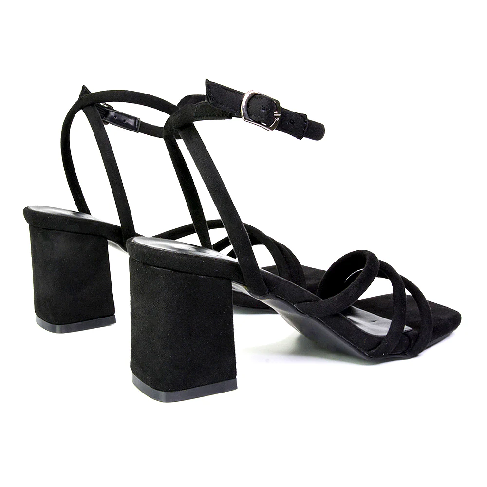 Trixie Square Toe Buckle Up Ankle Strappy Mid Block Heel Sandals in Black - Image 152