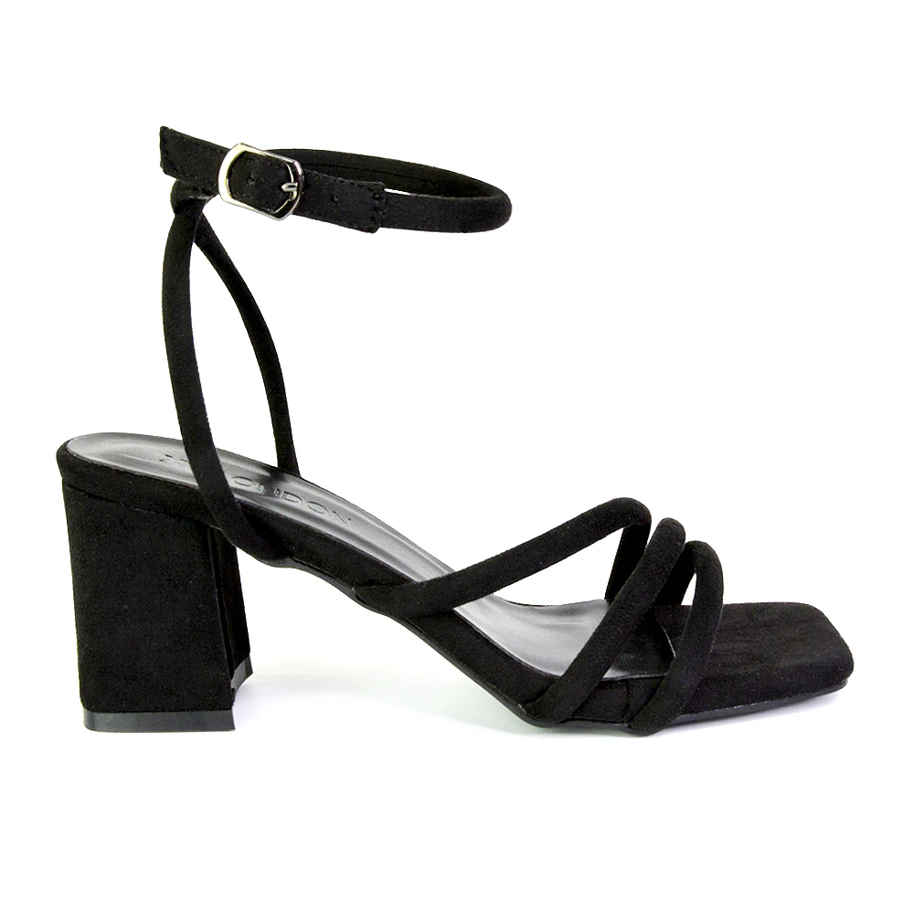 Trixie Square Toe Buckle Up Ankle Strappy Mid Block Heel Sandals in Black - Image 3