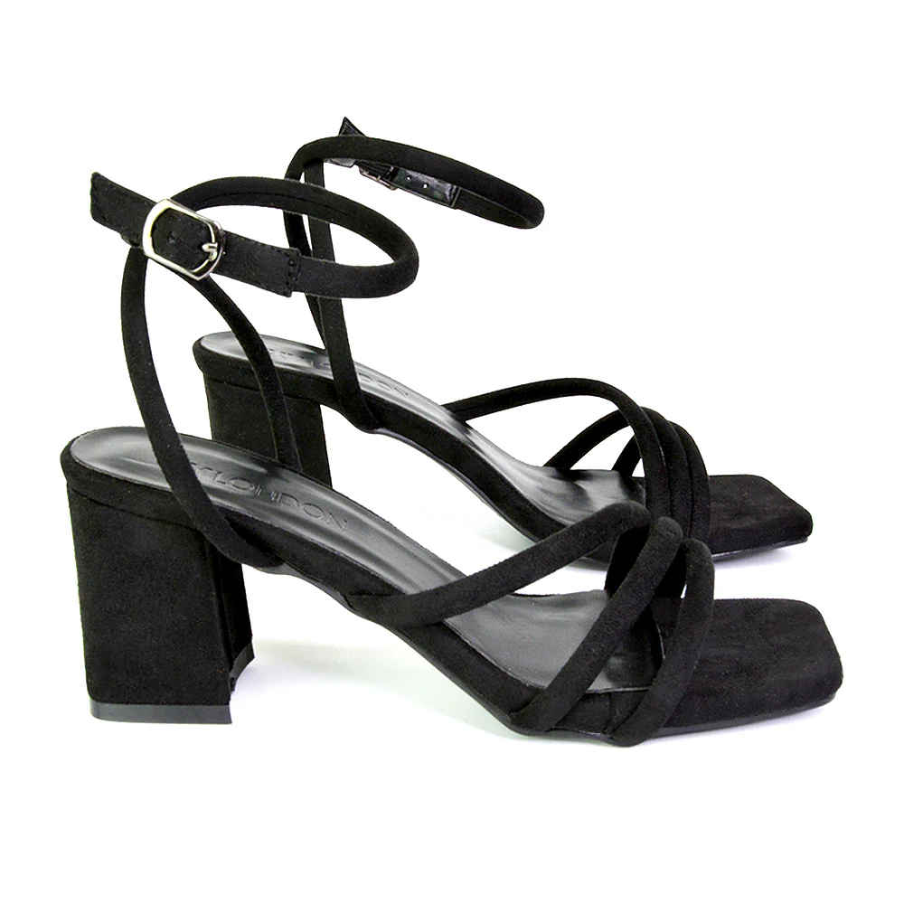 Trixie Square Toe Buckle Up Ankle Strappy Mid Block Heel Sandals in Black - Image 5