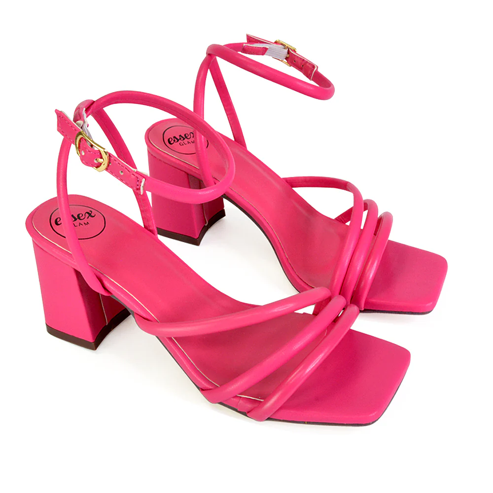 Trixie Square Toe Buckle Up Ankle Strappy Mid Block Heel Sandals in Black - Image 86