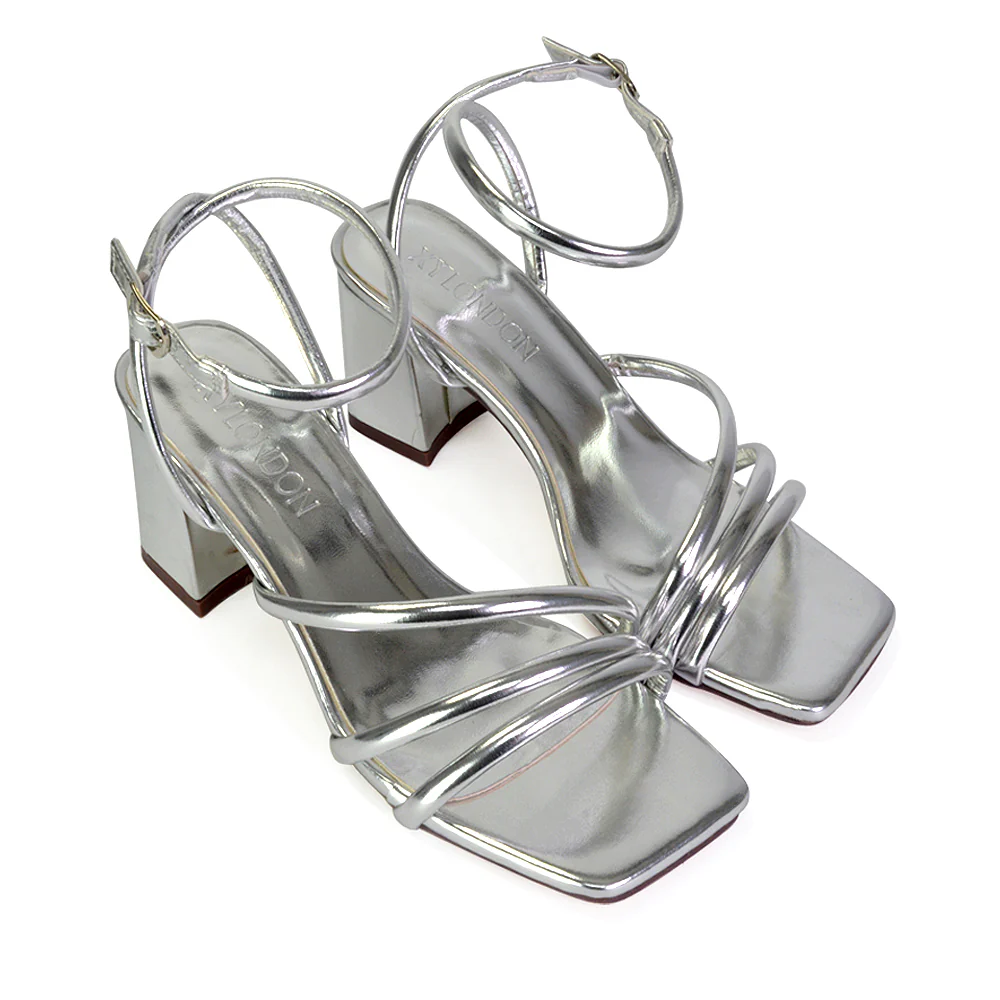 Trixie Square Toe Buckle Up Ankle Strappy Mid Block Heel Sandals in Black - Image 99