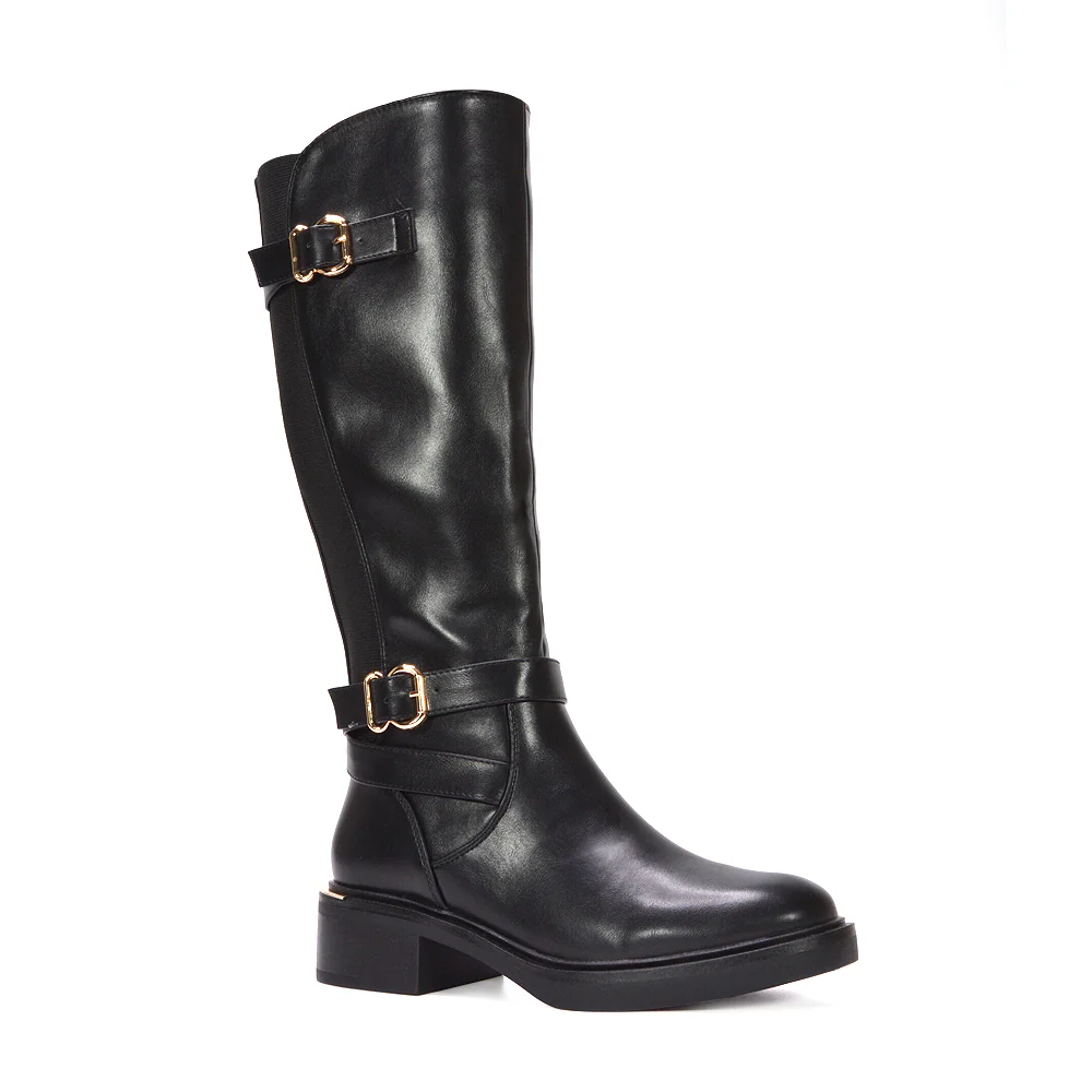 Tulisa Chunky Knee High Buckle Biker Boots in Black Synthetic Leather - Image 3