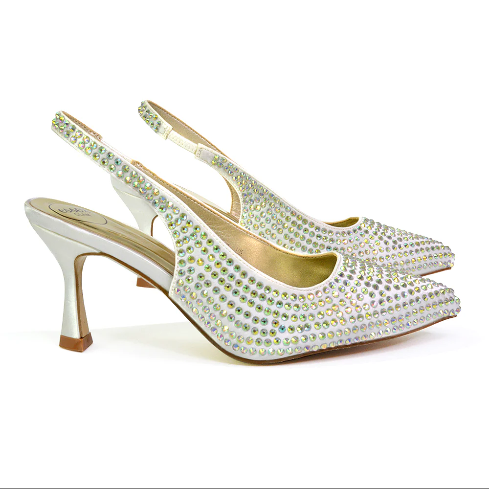 Vaia Pointed Toe Sling Back Diamante Bridal Heels Court Shoes in Black - Image 12