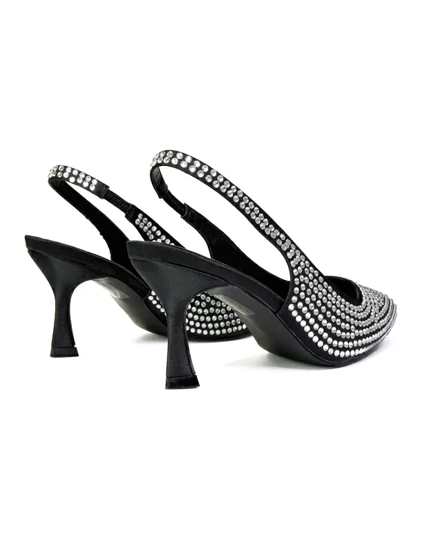 Vaia Pointed Toe Sling Back Diamante Bridal Heels Court Shoes in Black - Image 3