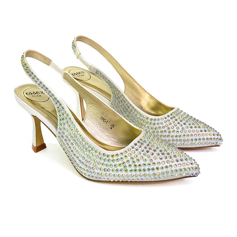Vaia Pointed Toe Sling Back Diamante Bridal Heels Court Shoes in Black - Image 33