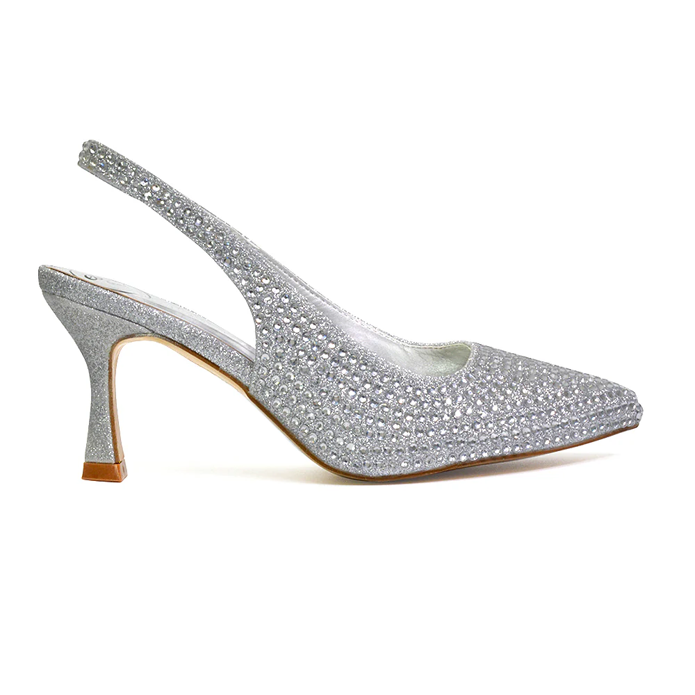 Vaia Pointed Toe Sling Back Diamante Bridal Heels Court Shoes in Black - Image 40