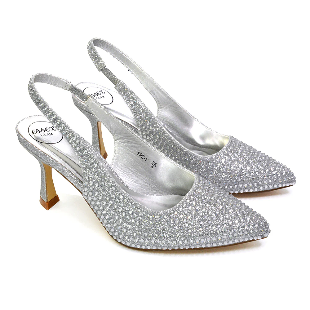Vaia Pointed Toe Sling Back Diamante Bridal Heels Court Shoes in Black - Image 43