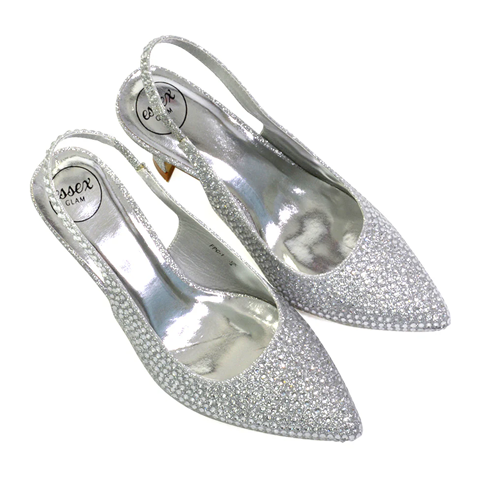 Vaia Pointed Toe Sling Back Diamante Bridal Heels Court Shoes in Black - Image 63