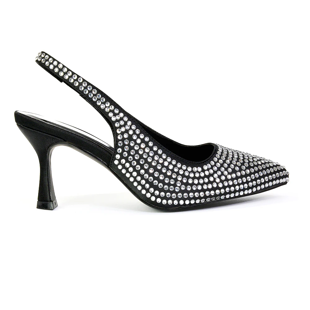 Vaia Pointed Toe Sling Back Diamante Bridal Heels Court Shoes in Black - Image 89