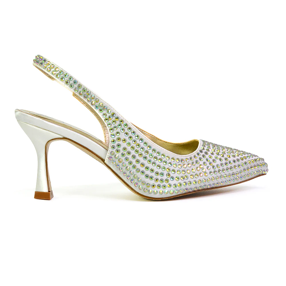 Vaia Pointed Toe Sling Back Diamante Bridal Heels Court Shoes in Ivory - Image 21