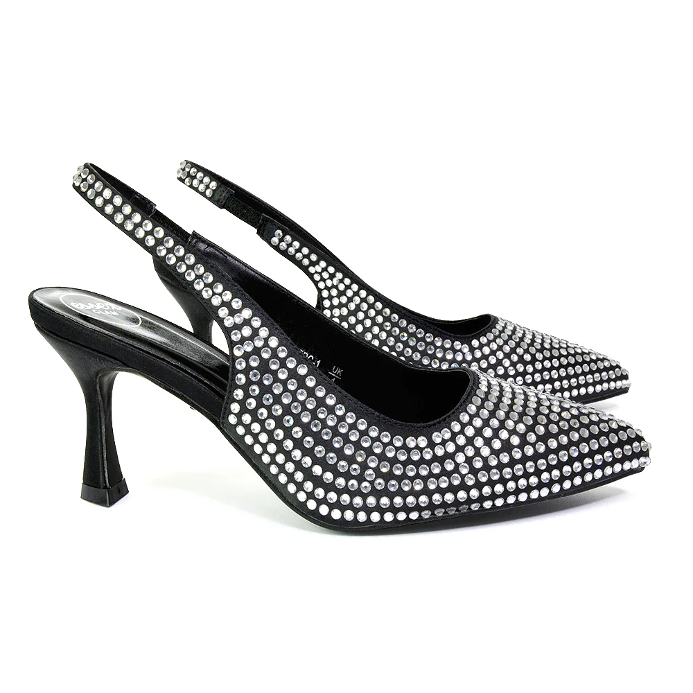 Vaia Pointed Toe Sling Back Diamante Bridal Heels Court Shoes in Ivory - Image 96