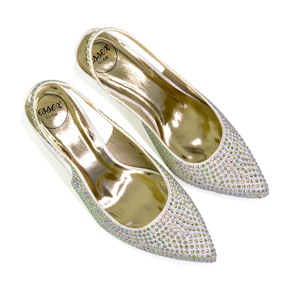 Vaia Pointed Toe Sling Back Diamante Bridal Heels Court Shoes in SIlver - Image 15