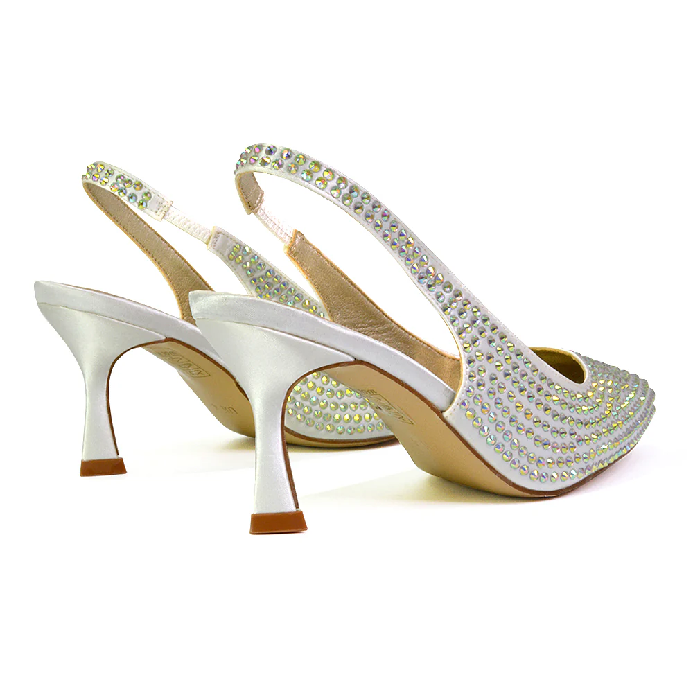 Vaia Pointed Toe Sling Back Diamante Bridal Heels Court Shoes in SIlver - Image 32