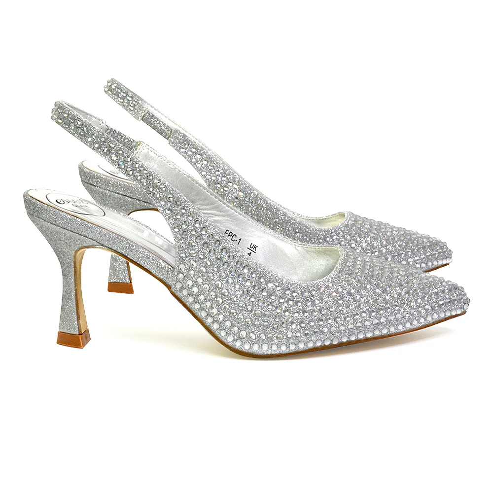 Vaia Pointed Toe Sling Back Diamante Bridal Heels Court Shoes in SIlver - Image 55