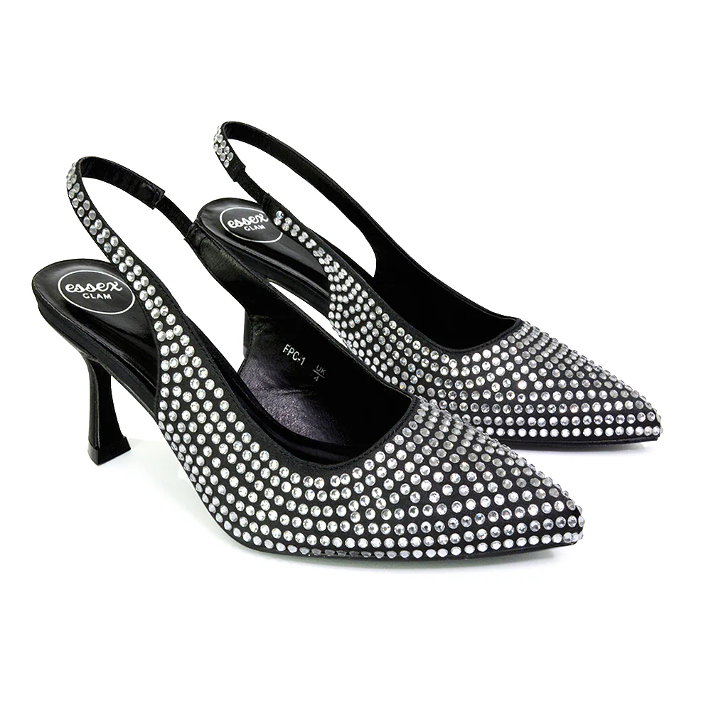 Vaia Pointed Toe Sling Back Diamante Bridal Heels Court Shoes in SIlver - Image 82