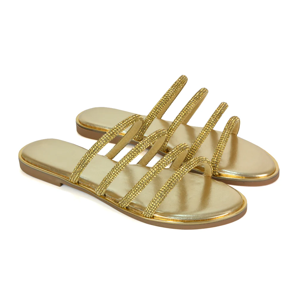 Valentina Slip On Diamante Strappy Rhinestone Flat Sandals in Gold - Image 2