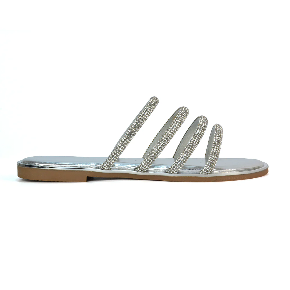 Valentina Slip On Diamante Strappy Rhinestone Flat Sandals in Gold - Image 6