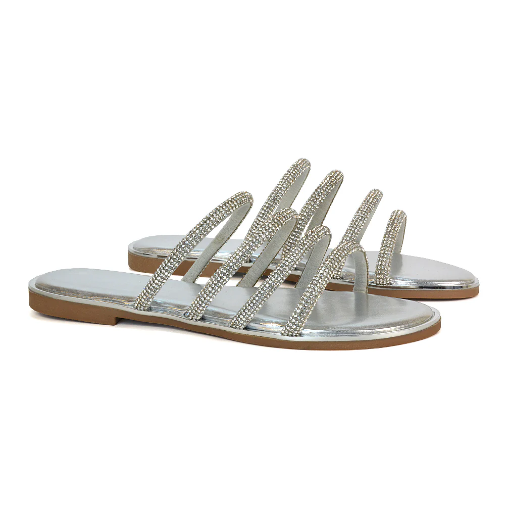 Valentina Slip On Diamante Strappy Rhinestone Flat Sandals in Gold - Image 9