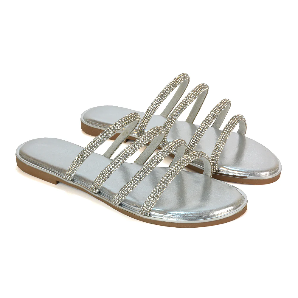 Valentina Slip On Diamante Strappy Rhinestone Flat Sandals in Silver - Image 4