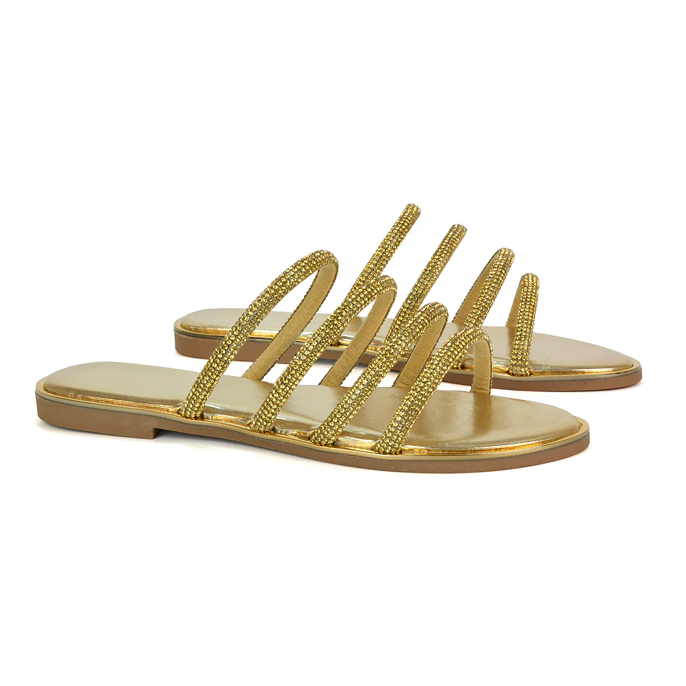 Valentina Slip On Diamante Strappy Rhinestone Flat Sandals in Silver - Image 7