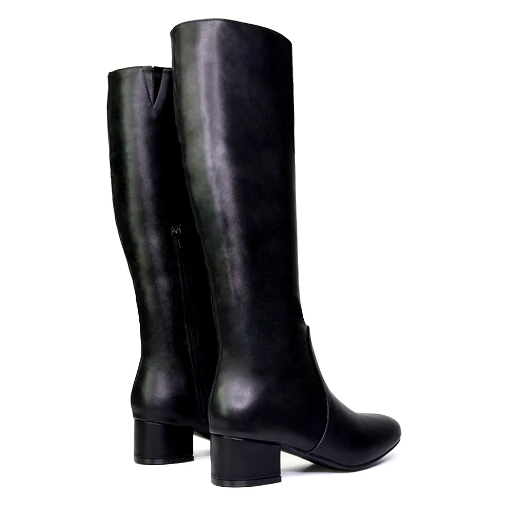 Valeria Long Western Zip Up Knee High Boots With Mid Block High Heel In Black - Image 5