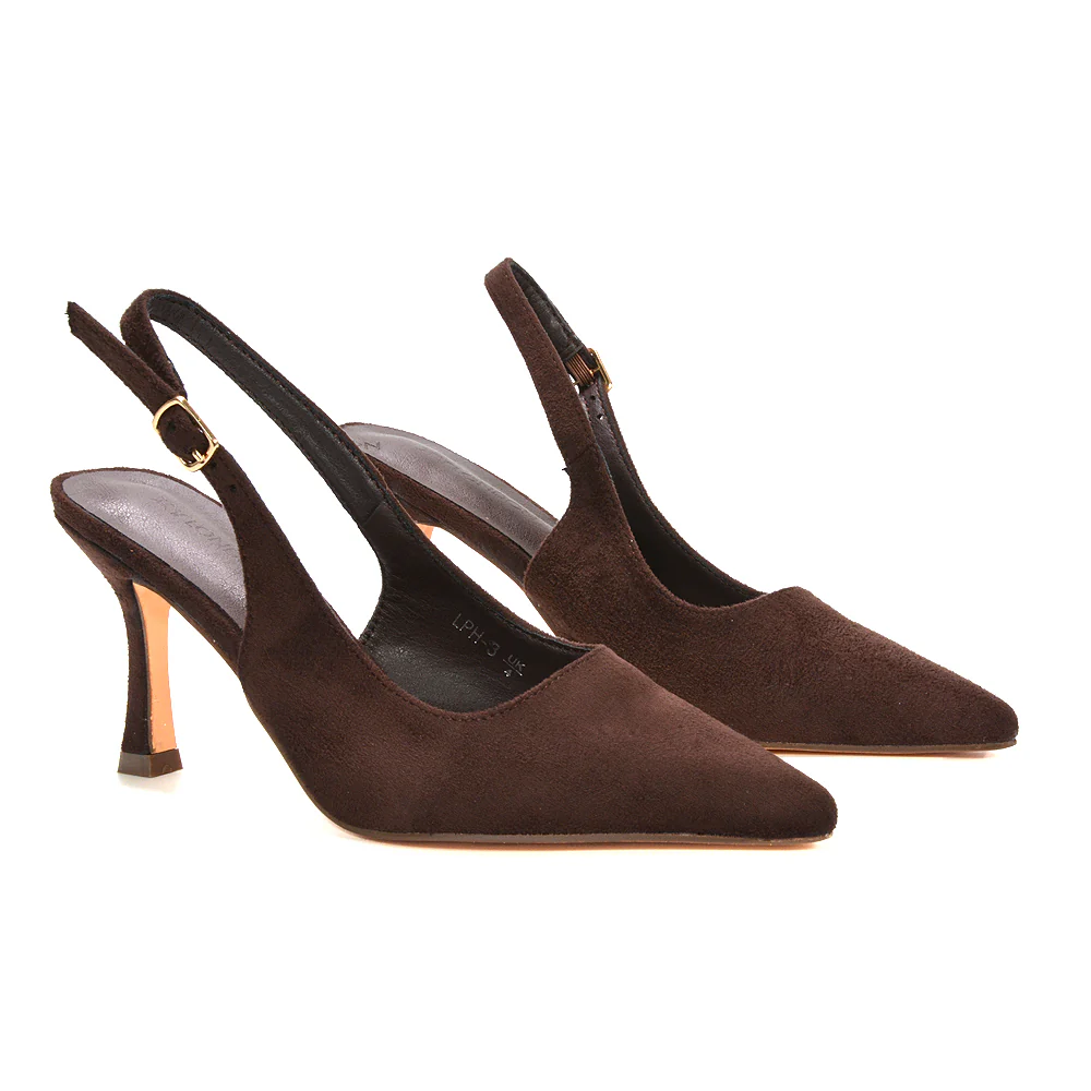 Valerie Stiletto High Heel Closed Toe Slingback Court Shoes in Brown Faux Suede