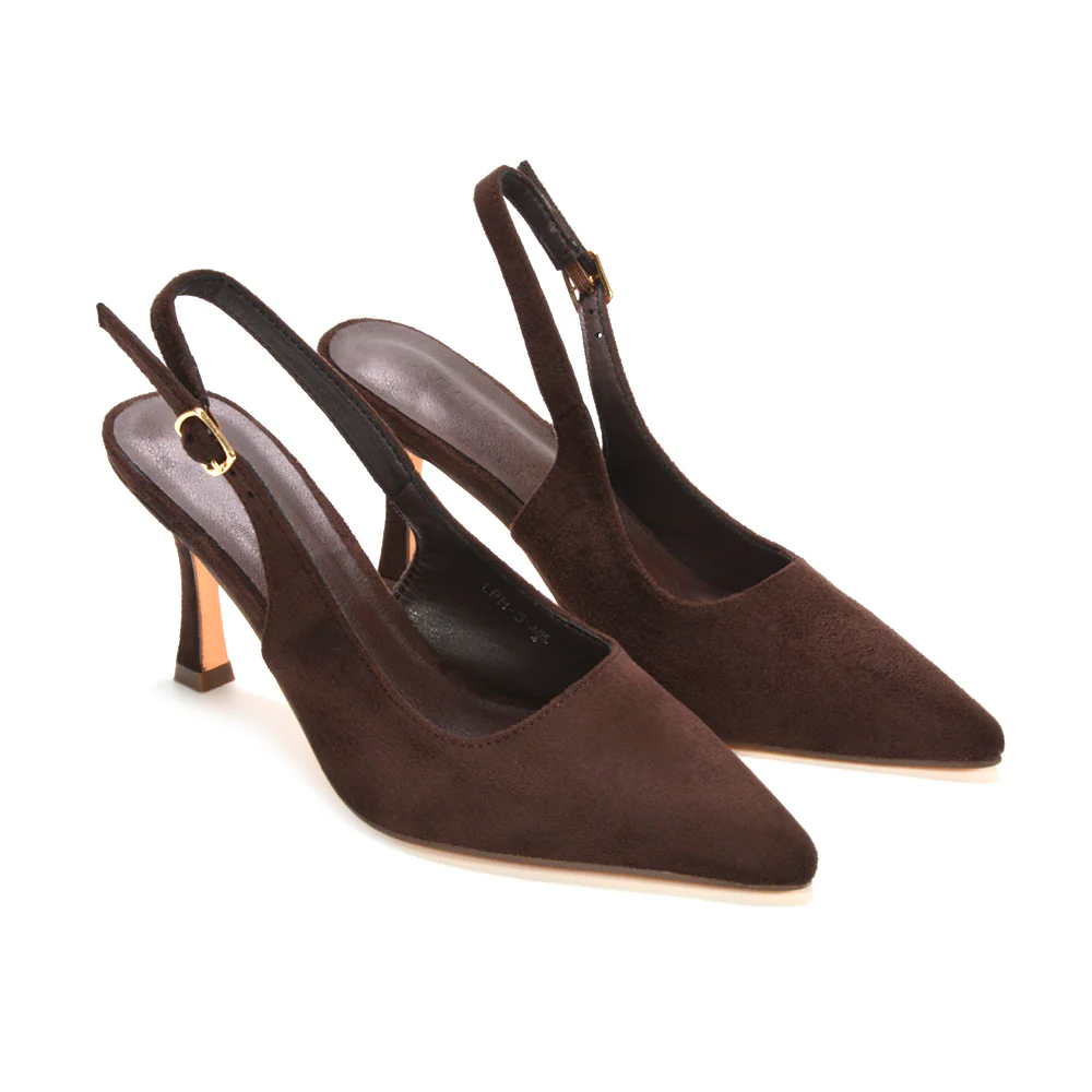 Valerie Stiletto High Heel Closed Toe Slingback Court Shoes in Brown Faux Suede - Image 3
