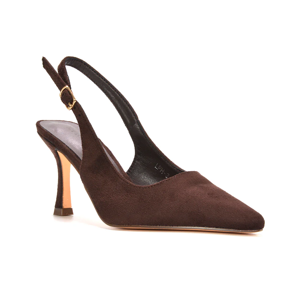Valerie Stiletto High Heel Closed Toe Slingback Court Shoes in Brown Faux Suede - Image 5