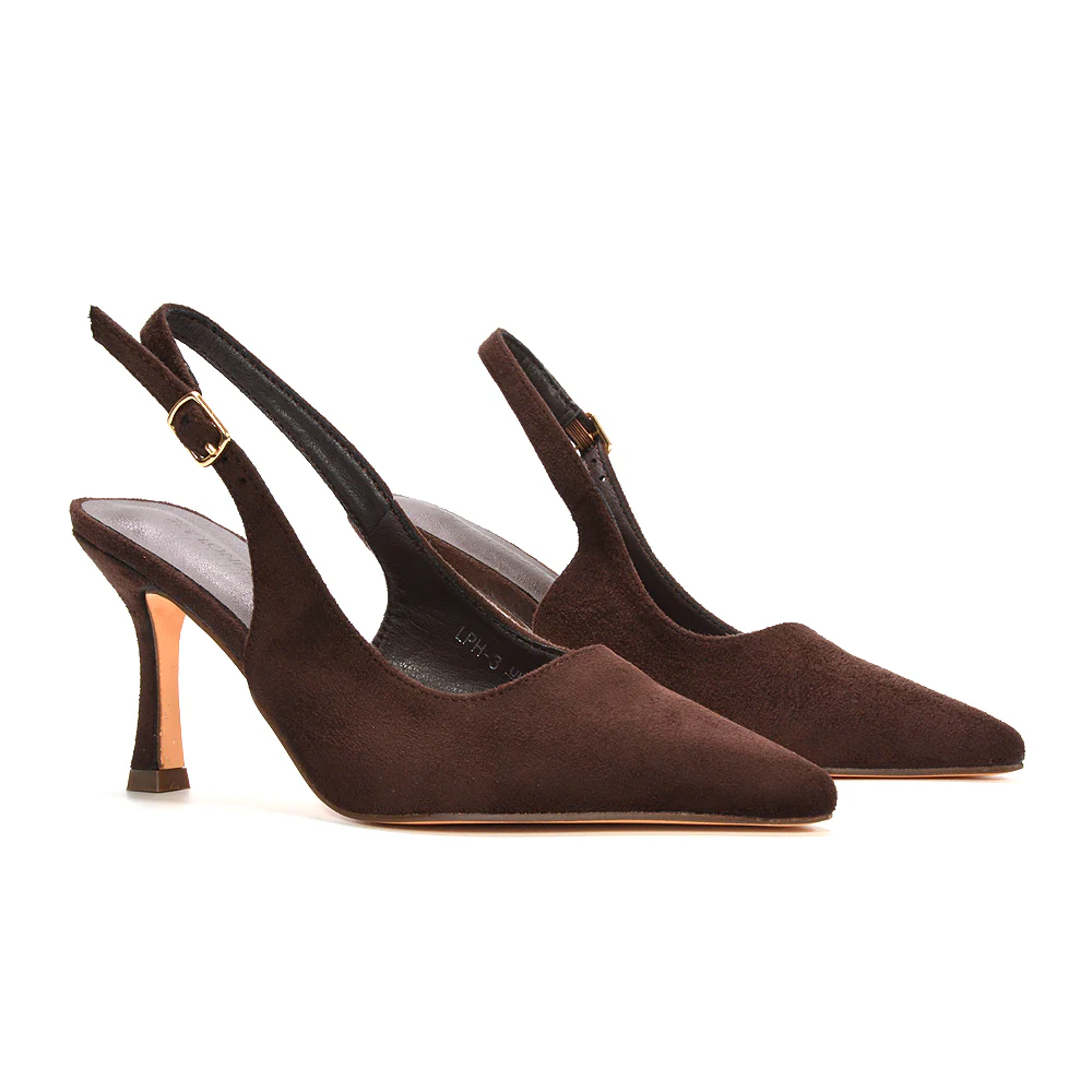 Valerie Stiletto High Heel Closed Toe Slingback Court Shoes in Brown Faux Suede - Image 6