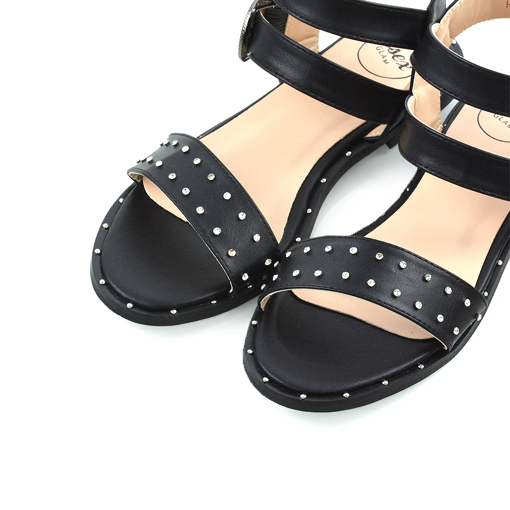 VANESSA DOUBLE BUCKLE STRAP DIAMANTE FLAT SANDALS IN BLACK SYNTHETIC LEATHER - Image 14