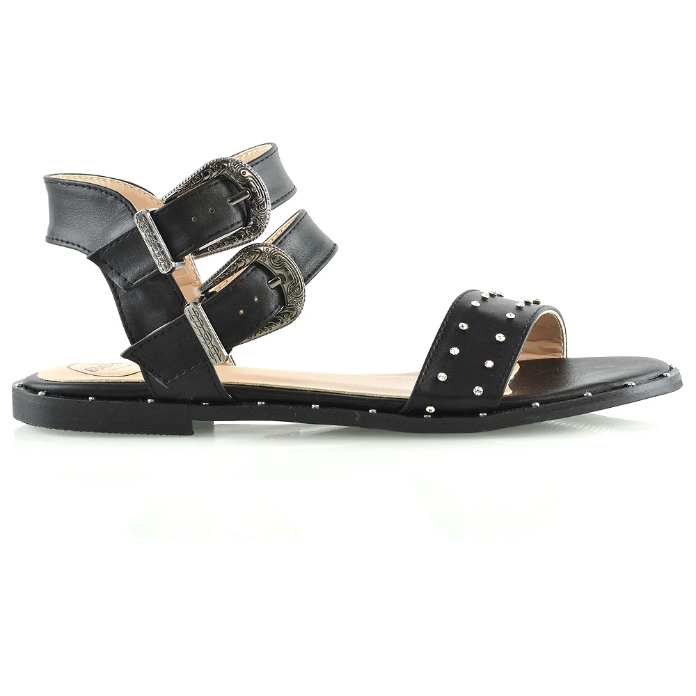 VANESSA DOUBLE BUCKLE STRAP DIAMANTE FLAT SANDALS IN BLACK SYNTHETIC LEATHER - Image 21