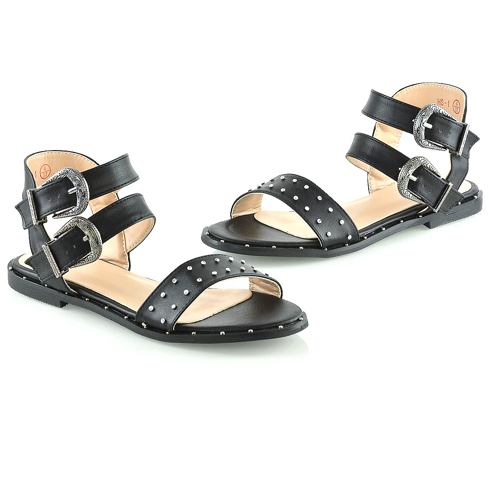 VANESSA DOUBLE BUCKLE STRAP DIAMANTE FLAT SANDALS IN BLACK SYNTHETIC LEATHER - Image 5