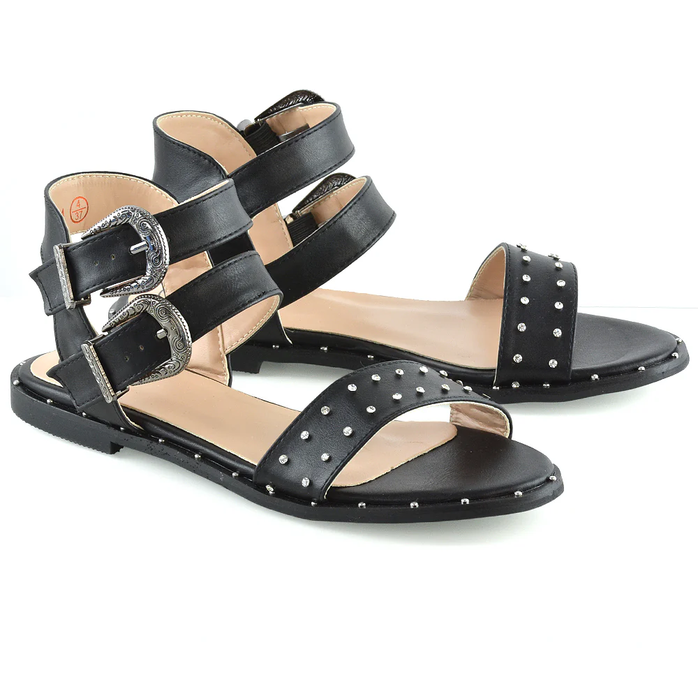 VANESSA DOUBLE BUCKLE STRAP DIAMANTE FLAT SANDALS IN BLACK SYNTHETIC LEATHER - Image 8