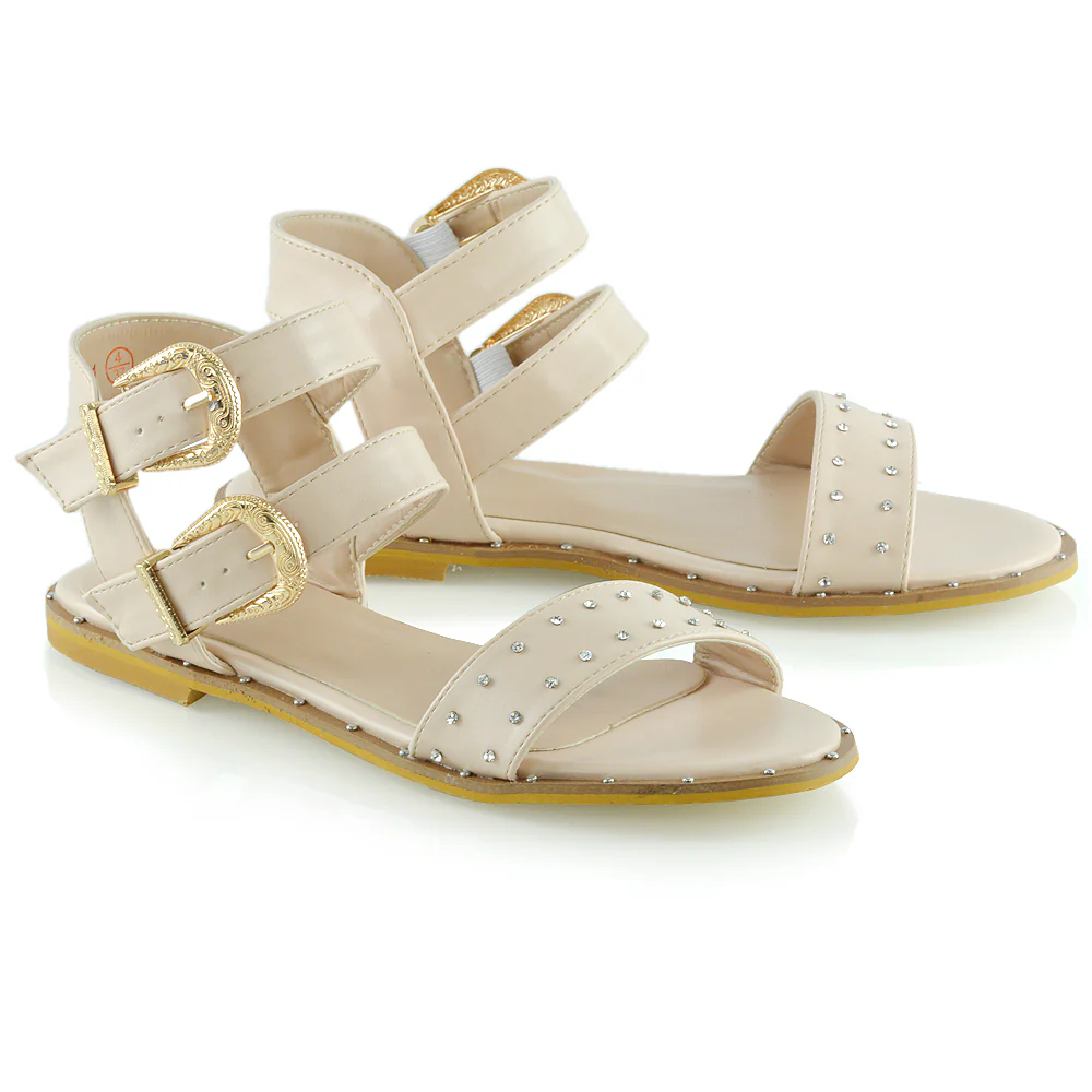 VANESSA DOUBLE BUCKLE STRAP DIAMANTE FLAT SANDALS IN NUDE SYNTHETIC LEATHER - Image 11