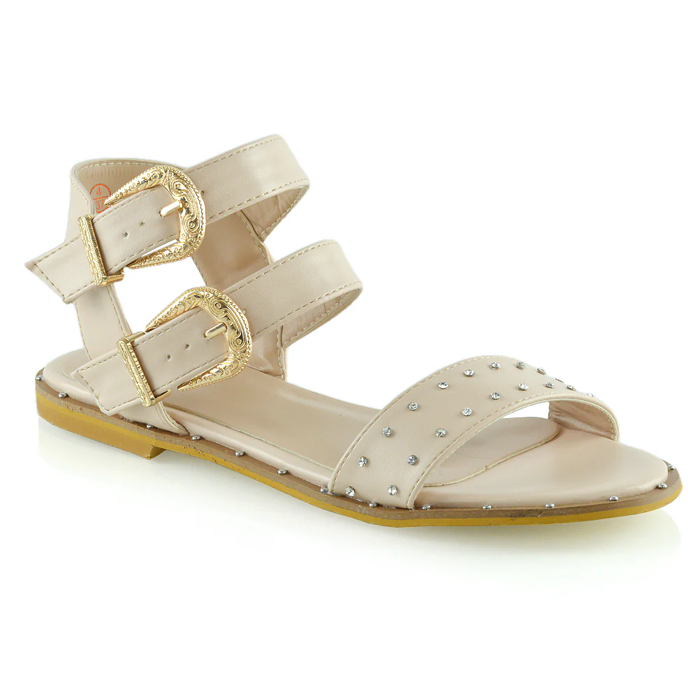 VANESSA DOUBLE BUCKLE STRAP DIAMANTE FLAT SANDALS IN NUDE SYNTHETIC LEATHER - Image 14