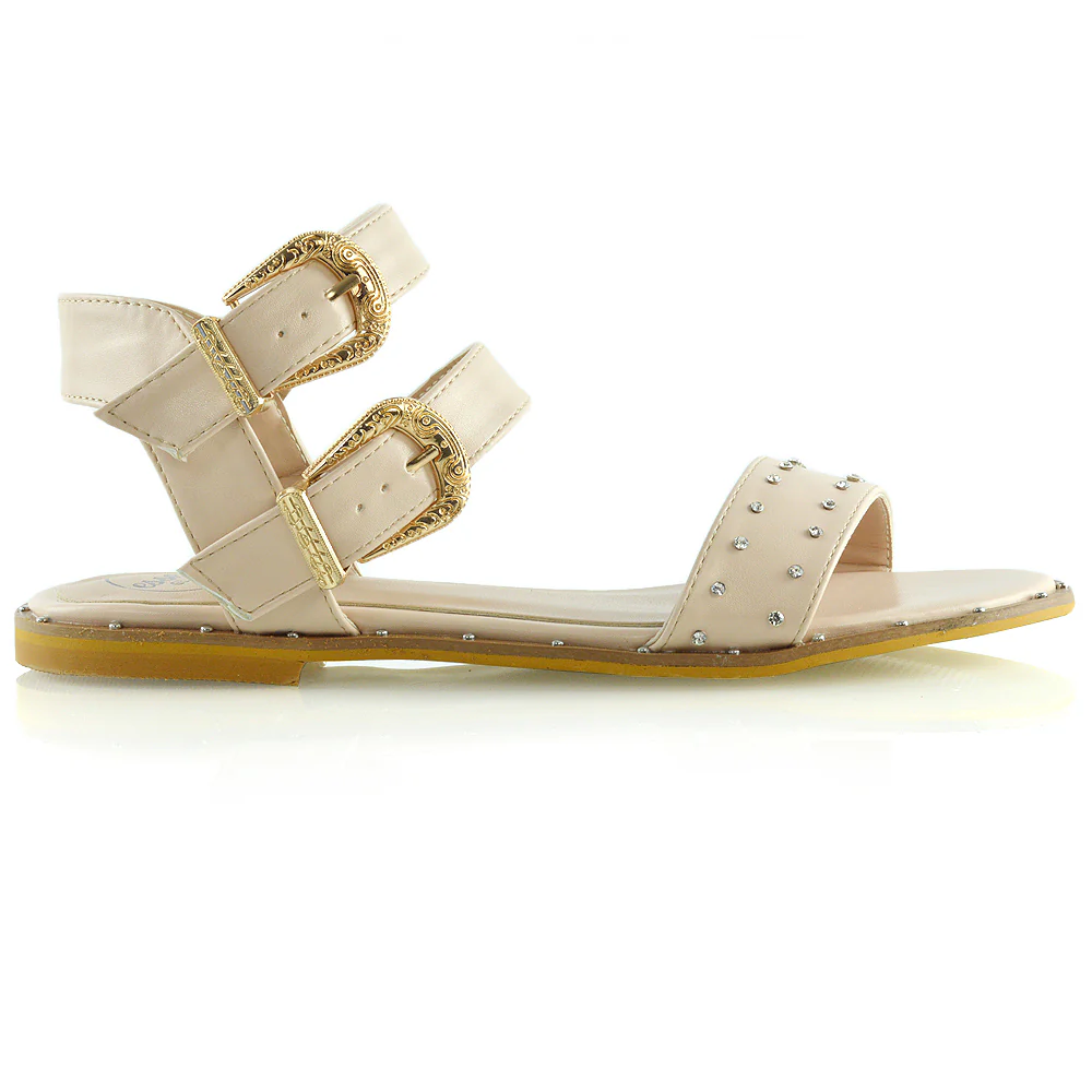 VANESSA DOUBLE BUCKLE STRAP DIAMANTE FLAT SANDALS IN NUDE SYNTHETIC LEATHER - Image 21