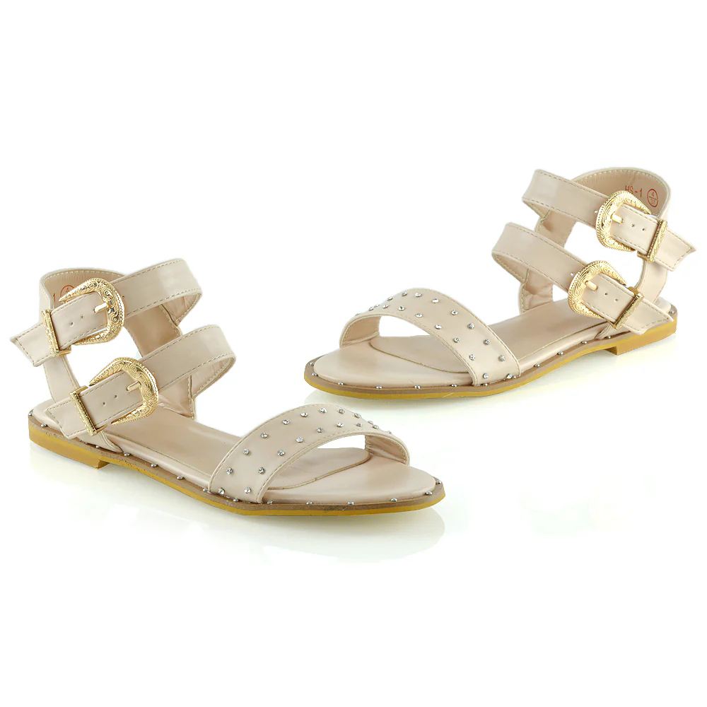 VANESSA DOUBLE BUCKLE STRAP DIAMANTE FLAT SANDALS IN NUDE SYNTHETIC LEATHER - Image 4