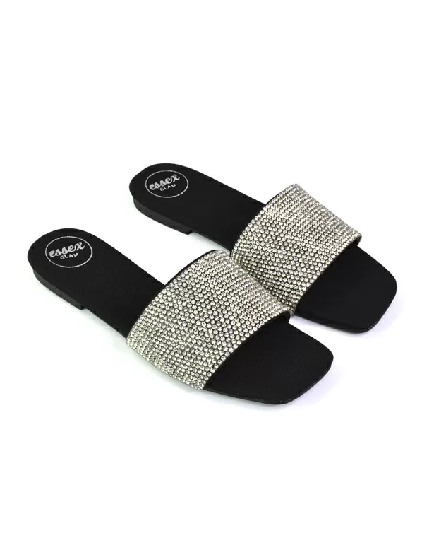 Vanity Flat Diamante Gem Crystal Sandals with a Square Toe in Black