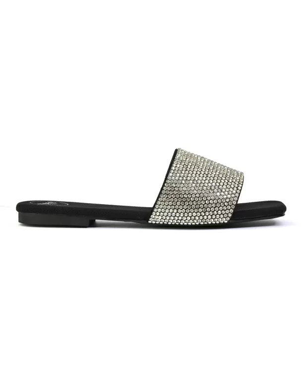 Vanity Flat Diamante Gem Crystal Sandals with a Square Toe in Black - Image 3