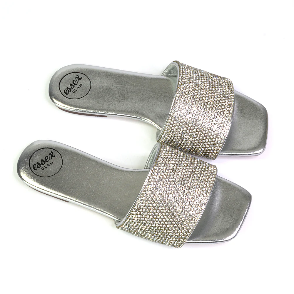 Vanity Flat Diamante Gem Crystal Sandals with a Square Toe in Black - Image 34