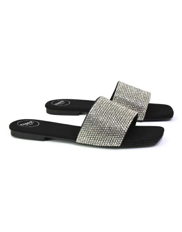 Vanity Flat Diamante Gem Crystal Sandals with a Square Toe in Black - Image 4
