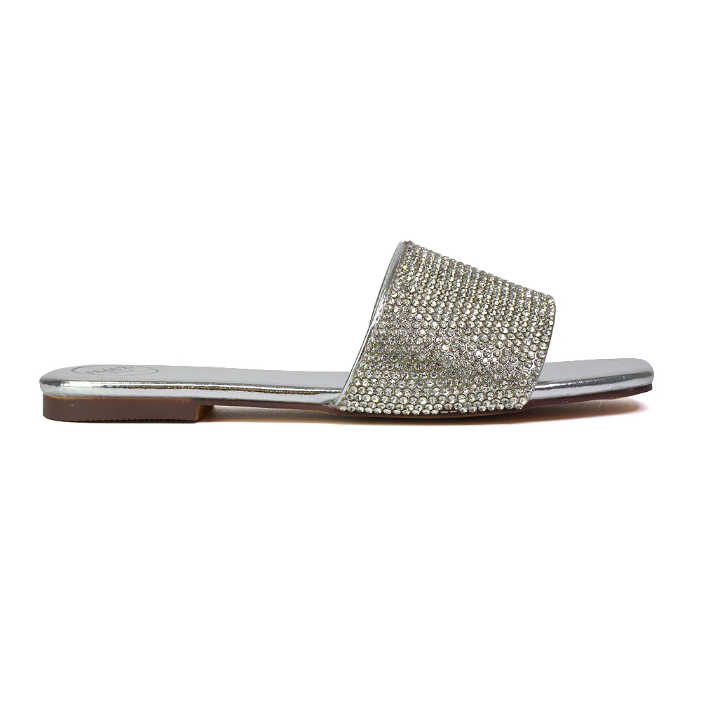 Vanity Flat Diamante Gem Crystal Sandals with a Square Toe in Black - Image 44