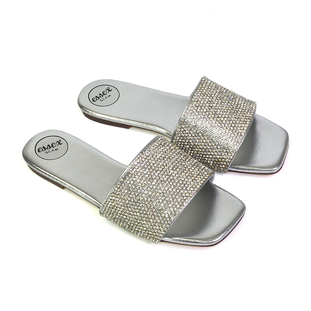 Vanity Flat Diamante Gem Crystal Sandals with a Square Toe in Black - Image 46
